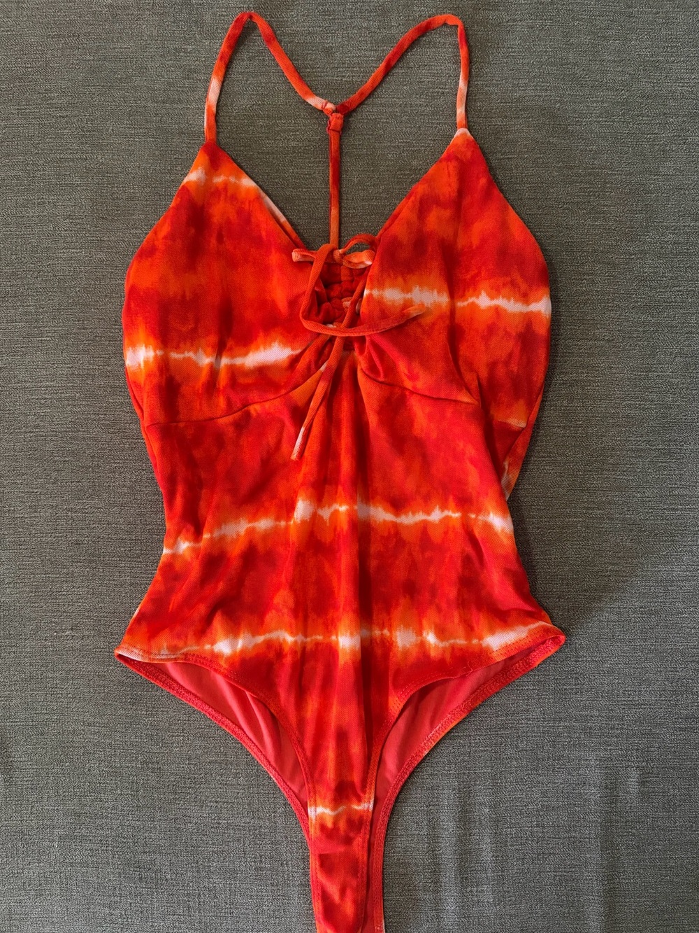 Lace-Up Tie-Dye One-Piece Shirt in Red and Orange